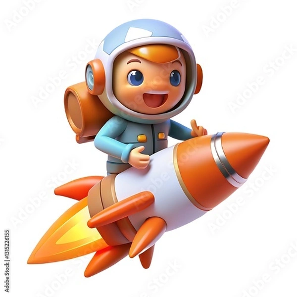 Fototapeta A Cheerful Astronaut Child Soaring On A Vibrant Rocket, Embarking On A Joyful Space Adventure With Bright, Playful 3d Rendering Style