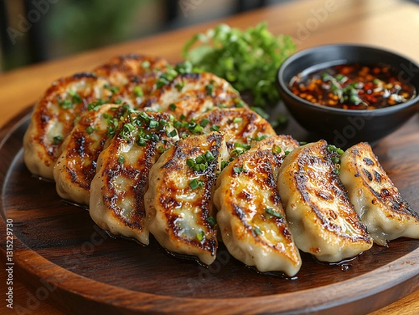 Fototapeta Crispy pan-fried gyoza dumplings served with savory soy sauce, creating the perfect balance of textures and flavors in this delicious Japanese dish.
