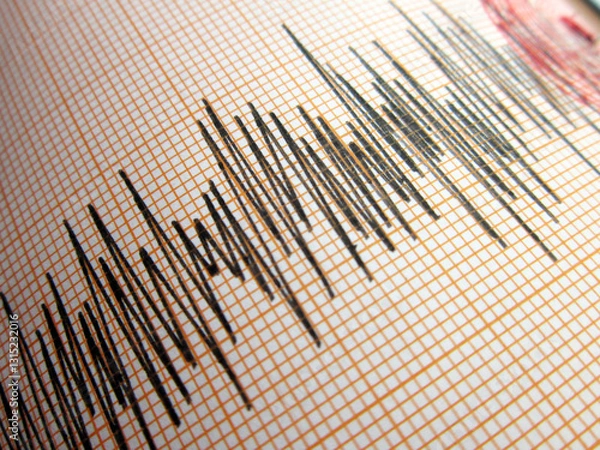Fototapeta Seismograph and earthquake. A seismograph that records the seismic activity of an earthquake.