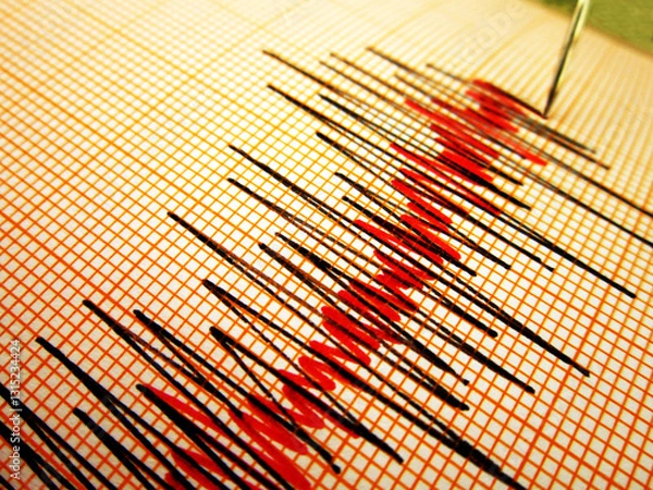 Fototapeta Seismograph and earthquake. A seismograph that records the seismic activity of an earthquake.