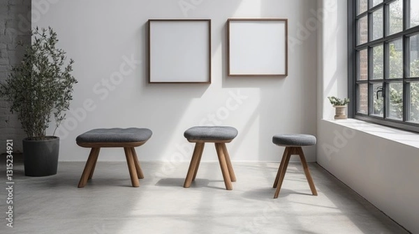 Fototapeta Individual dark wooden frames mounted on a neutral wall, featuring empty spaces for tailored artwork or photographs