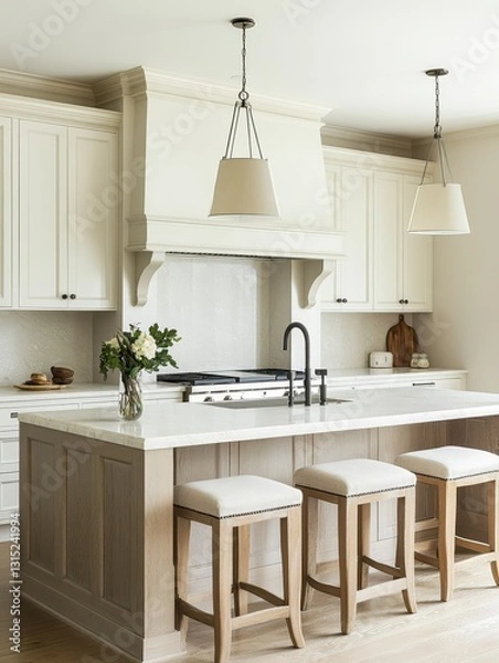 Fototapeta A well lit modern kitchen with an island countertop