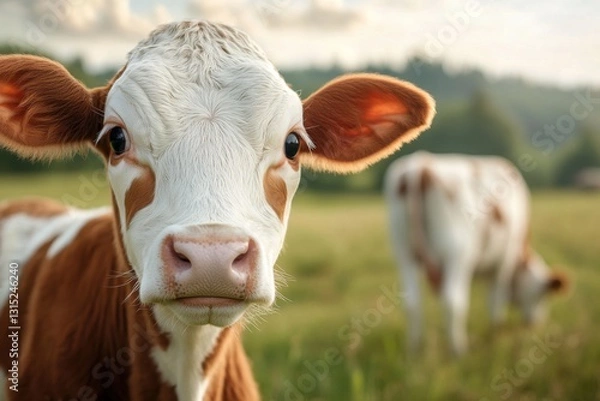 Fototapeta Close-up of a curious brown and white calf in a green field during golden hour highlighting rural beauty