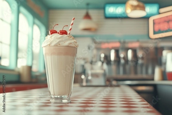 Fototapeta Creamy milkshake topped with cherries in a retro diner filled with vibrant colors and nostalgic decor