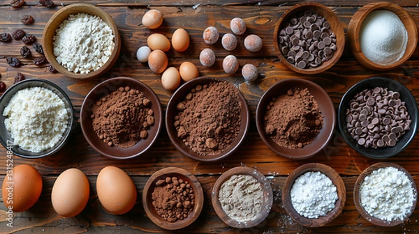 Fototapeta Various baking ingredients arranged on a wooden table.  Eggs, flour, cocoa powder, chocolate chips, and other baking supplies are displayed in small bowls.