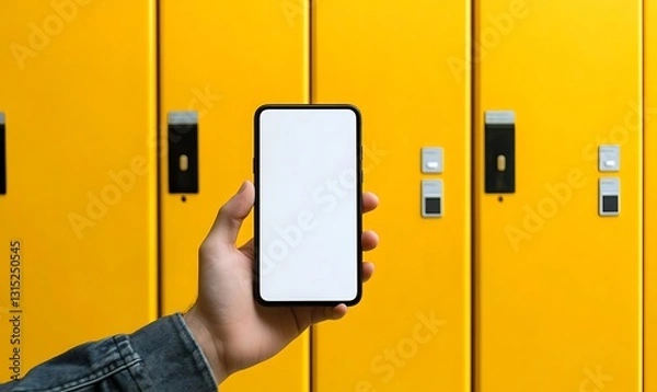 Fototapeta Hand holding a smartphone with a blank screen in front of yellow lockers, ready for app mockup.
