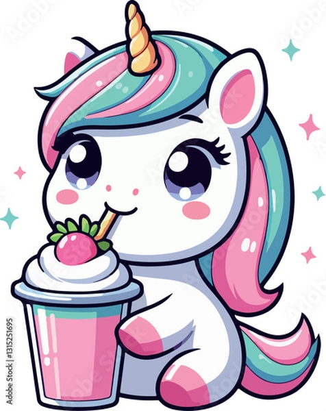 Fototapeta cute unicorn drinking milkshake illustration kawaii style