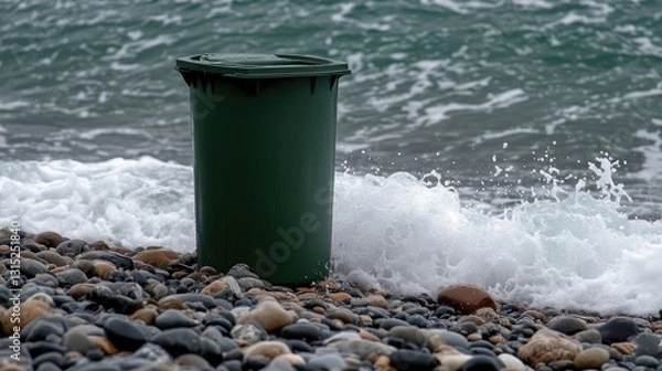 Fototapeta Green garbage bin stands among rocks by the sea, capturing the serene coastal atmosphere with rolling waves nearby.