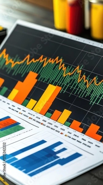 Fototapeta Financial data analysis on charts, office desk background