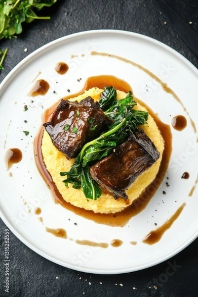 Fototapeta Braised short ribs served over creamy polenta with sautéed greens and savory sauce on a white plate