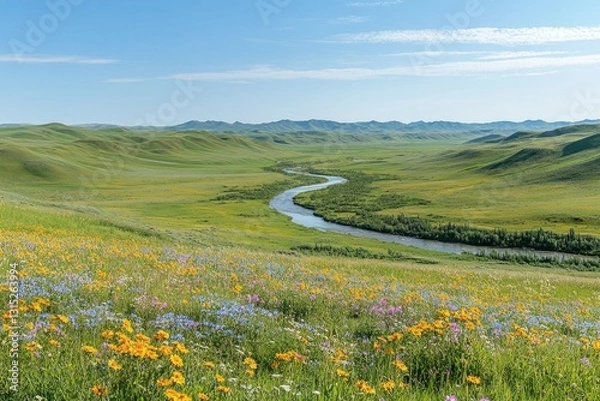 Fototapeta Serene landscape with a winding river flowing through vibrant wildflowers and rolling green hills under a clear blue sky.