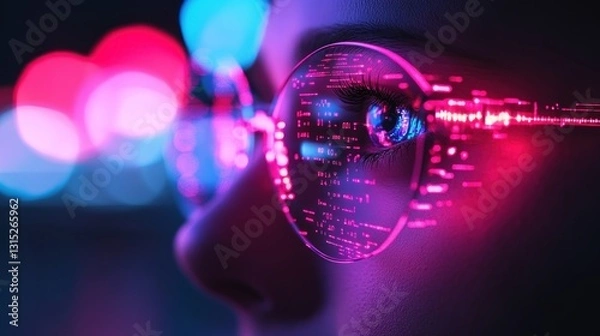 Fototapeta Neon Cityscape Eye: A futuristic close-up of a woman's eye reflected in smart glasses with digital code illuminated against a backdrop of blurred neon lights.
