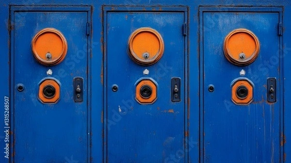 Fototapeta A line of blue lockers adorned with orange accents, forming a lively and orderly storage area, typically seen in a school or gym setting