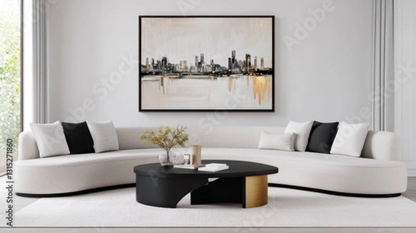 Fototapeta Modern monochrome living room, layered warm grays, curved boucle sofa, sculptural black coffee table, soft pastel abstract framed painting, fabric roman