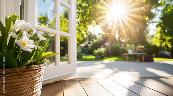 Fototapeta A bright morning view of a sunlit garden seen through an open window with fresh white flowers in a basket.