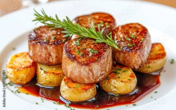 Fototapeta Succulent grilled beef filet with roasted potatoes and red wine sauce served at an elegant dining setting