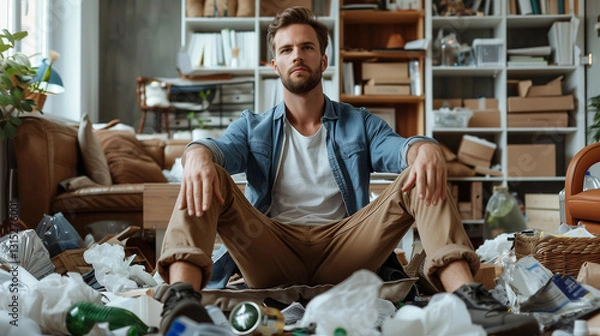 Fototapeta A frustrated man sits on the floor of a cluttered apartment filled with trash, looking stressed and overwhelmed.
