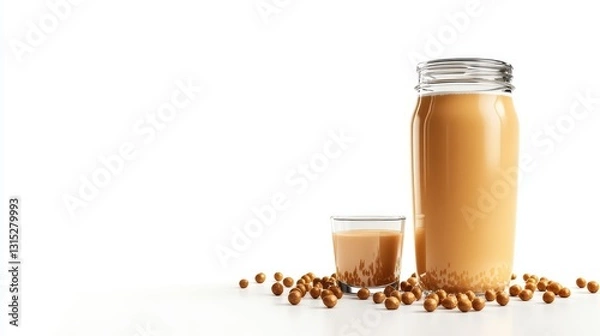 Fototapeta A bottle of plant-based milk, placed beside a glass with a pour, on a white isolated background