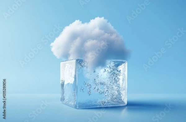 Fototapeta Cloud over a melting ice cube on blue background.