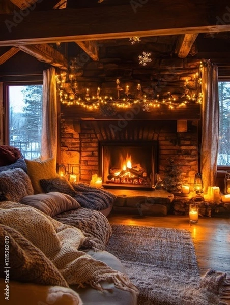 Fototapeta A Cozy Fireplace and Decorated Room for Warmth and Relaxation