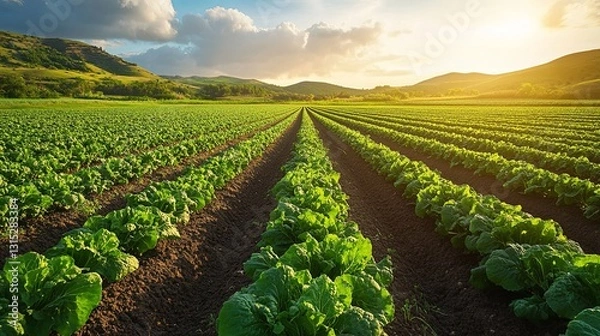 Fototapeta Lush green lettuce field under a radiant sunset with rolling hills in the background