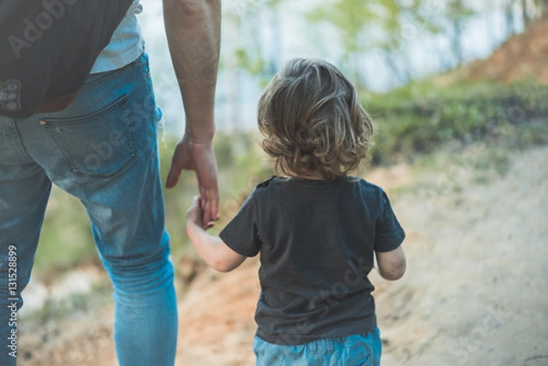 Obraz Отец и сын держатся за руки, спина, гуляют по лесу