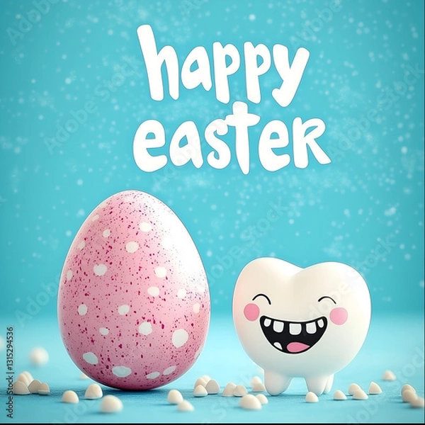 Obraz easter greeting card; dental humor with easter egg, happy easter message & tooth character