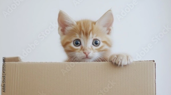 Fototapeta A playful kitten peeking out of a cardboard box, with curious eyes, on a white isolated background