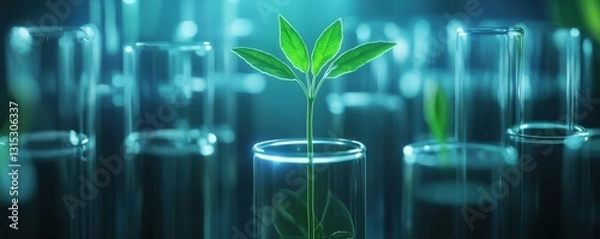 Fototapeta A single green plant sprouts from a glass test tube surrounded by other test tubes in a laboratory setting.