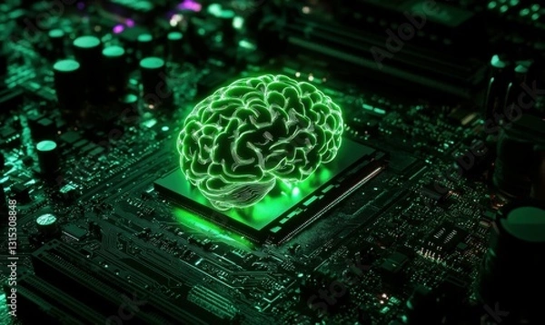 Obraz Artificial intelligence concept with glowing brain on a motherboard