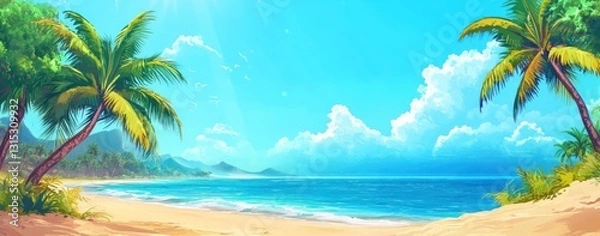 Fototapeta Tropical beach paradise, sunny sky, ocean view, idyllic background; website banner