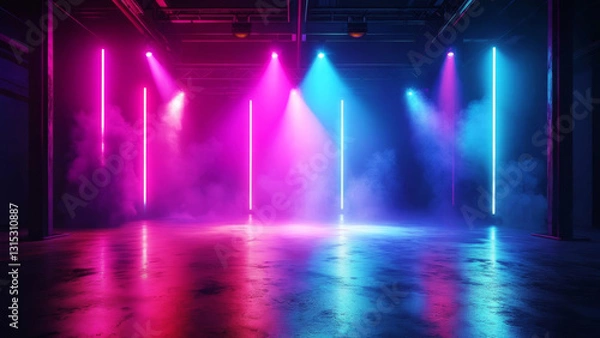 Fototapeta empty stage illuminated in neon lights and smoke