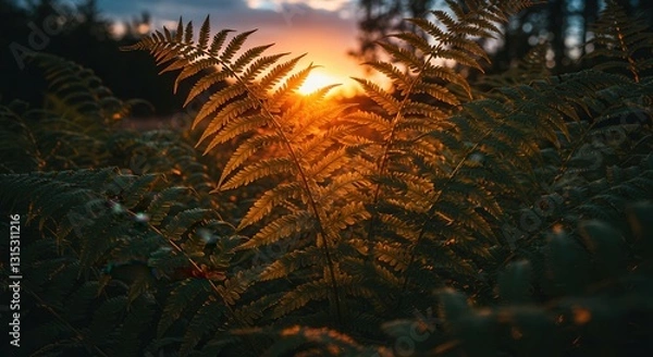 Fototapeta Ferns Glowing in the Sunset Sunlight Creating Warm and Natural Scene