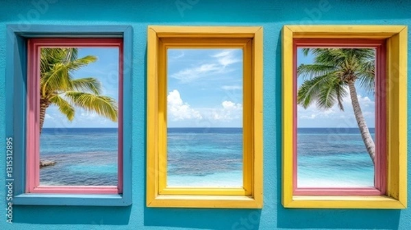 Fototapeta Colorful windows frame a stunning view of the ocean and palm trees in a tropical paradise