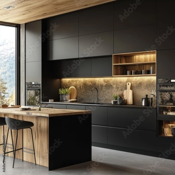 Fototapeta Modern kitchen with a stylish black and wooden color scheme