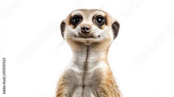 Fototapeta A meerkat standing tall, watching for danger, with a slight tilt to its head, on a white isolated background