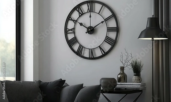 Obraz Black wall clock with Roman numerals showcases contemporary design