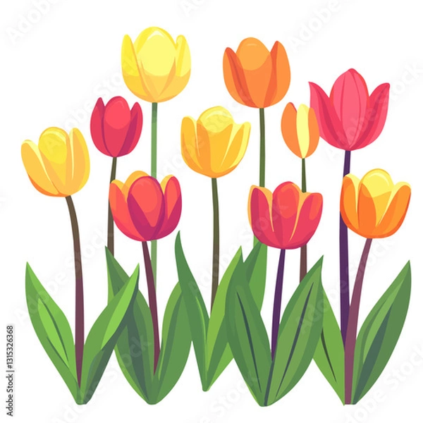 Fototapeta 2D flat vector illustration Bright tulip garden in full bloom icon isolated on a white background.

