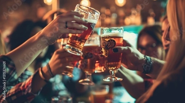 Fototapeta Beer Toasting. Group of Friends Toasting Beer in a Pub. Celebrating with Cheers and Clinking Glasses. Social Gathering Concept on Background with Copy Space.