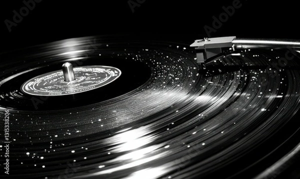 Obraz A close-up of a turntable needle on a spinning vinyl record.