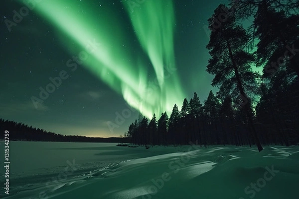 Fototapeta Majestic Northern Lights Over Snowy Forest Lake Landscape at Night Generative AI Image