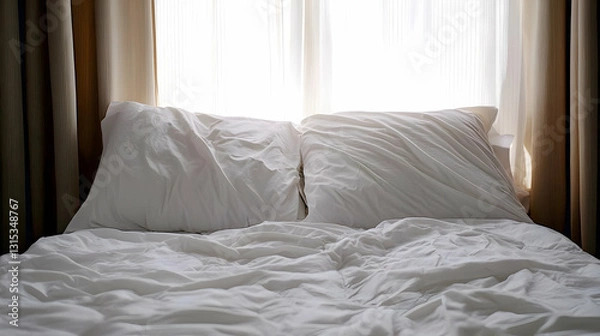 Obraz Unmade White Bed With Wrinkled Sheets And Sunlight Streaming Through Window in Cozy Bedroom