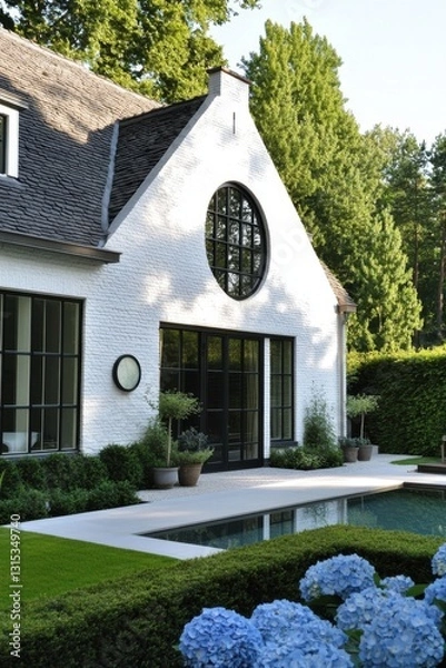 Fototapeta Beautiful modern house surrounded by lush greenery and purple hydrangeas in a serene outdoor setting during the afternoon