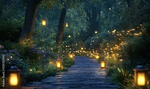 Obraz Peaceful serene forest pathway illuminated by vibrant glowing lanterns creating a magical and tranquil outdoor ambiance .