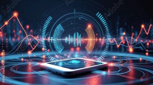 Fototapeta Futuristic Smartphone Interface with Data Visualization and Cityscape Background