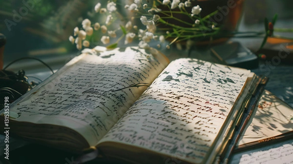 Fototapeta A wedding guest book filled with handwritten heartfelt messages and wishes