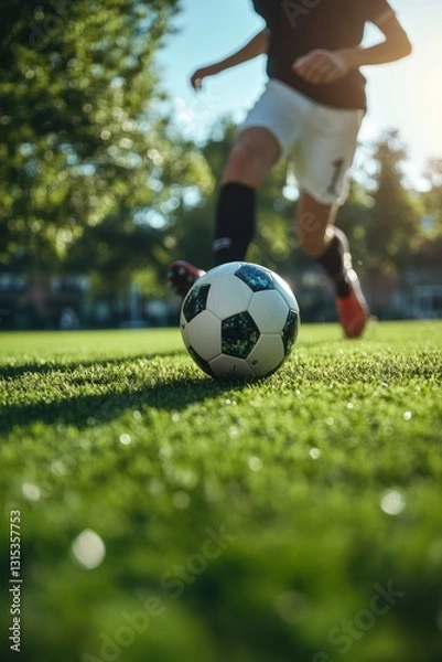 Obraz People playing soccer game in field.