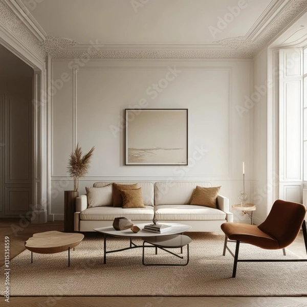 Obraz Elegant interior with a neutralcolored living room and some items