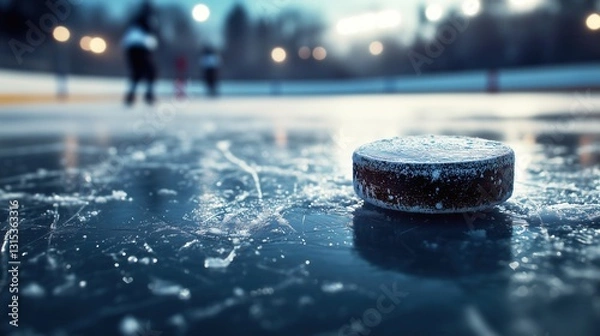 Fototapeta Hockey puck on an outdoor ice rink with visible skate marks and frost. Blurred players in the background during a winter game or practice session. A scene set for competition, training, or recreationa