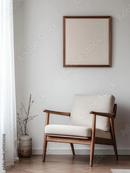 Fototapeta A cozy wooden chair sits near a framed picture